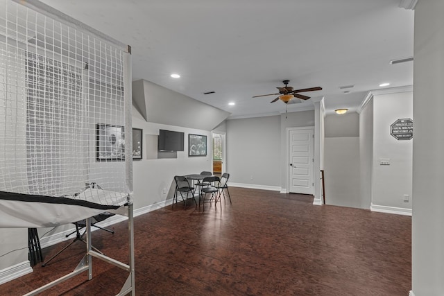 game room with recessed lighting, a ceiling fan, baseboards, and ornamental molding