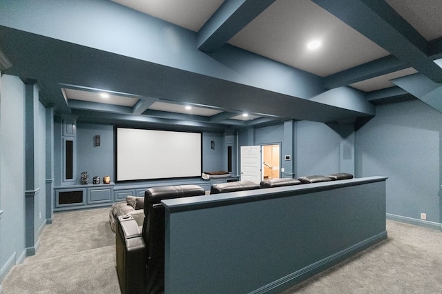 carpeted home theater room with recessed lighting, beamed ceiling, baseboards, and coffered ceiling