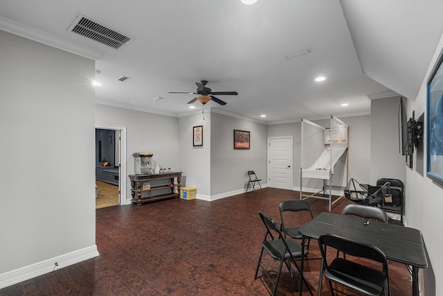 interior space with visible vents, a ceiling fan, recessed lighting, crown molding, and baseboards