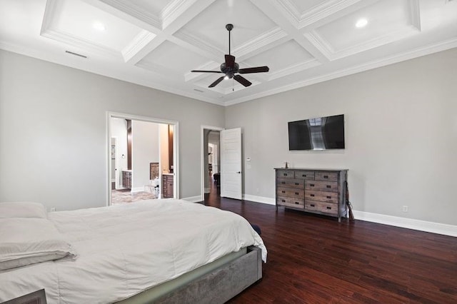 bedroom with baseboards, coffered ceiling, wood finished floors, and ornamental molding