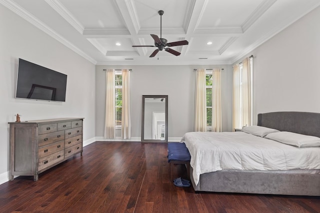 bedroom featuring beamed ceiling, hardwood / wood-style flooring, coffered ceiling, crown molding, and baseboards