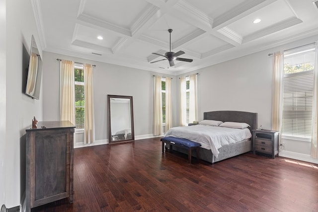 bedroom featuring dark wood-style floors, beamed ceiling, and coffered ceiling