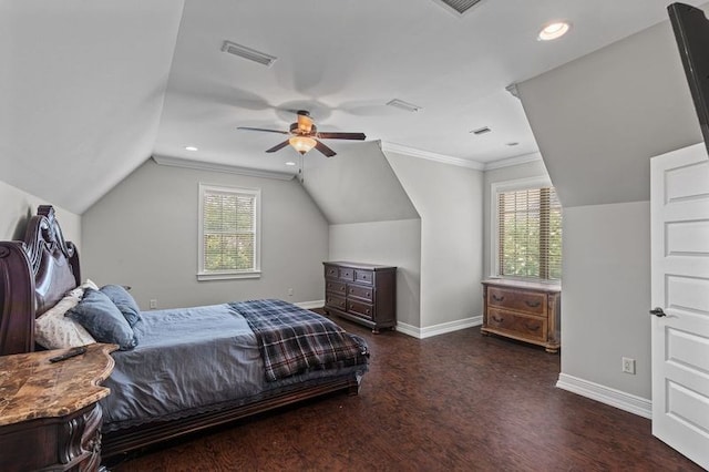 bedroom featuring visible vents, a ceiling fan, wood finished floors, baseboards, and vaulted ceiling