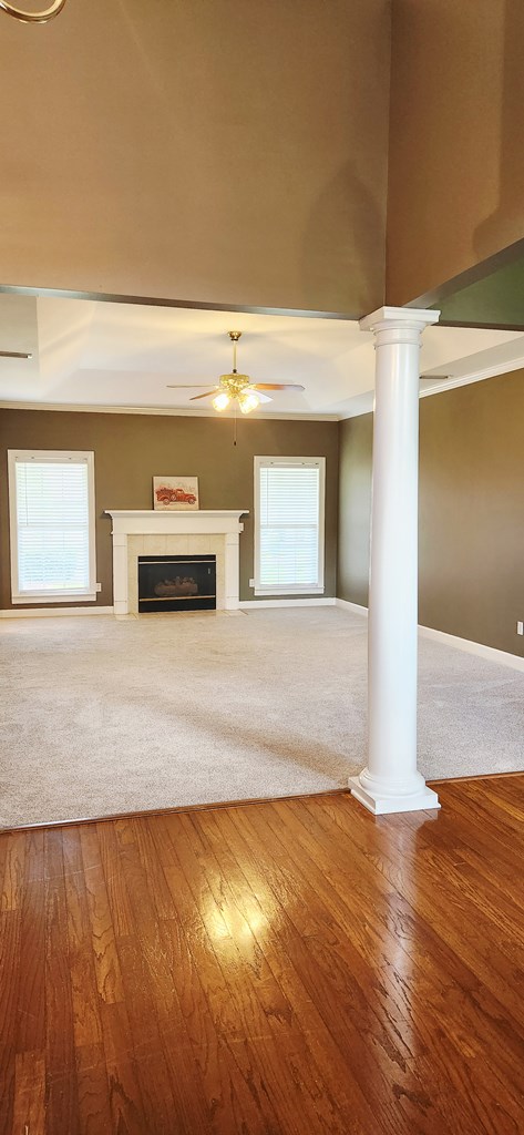 301 Roslyn Glen Way, Dothan, AL 36305 - unfurnished living room with decorative columns, a ceiling fan, wood finished floors, and plenty of natural light