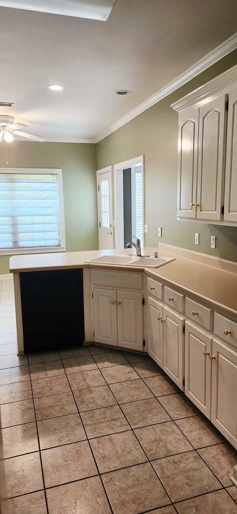 301 Roslyn Glen Way, Dothan, AL 36305 - kitchen with ornamental molding, light tile patterned flooring, light countertops, black dishwasher, and ceiling fan