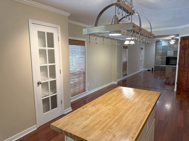 26 Goff St, Daleville, AL 36322 - unfurnished dining area with dark wood-type flooring, a fireplace, crown molding, a textured ceiling, and ceiling fan