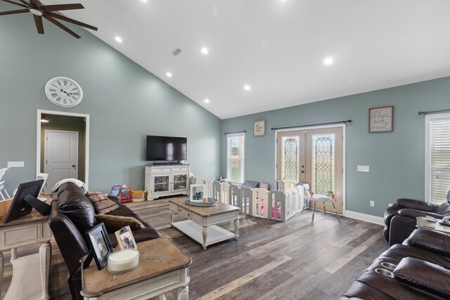 333 County Road 271, Clopton, AL 36317 - living room featuring high vaulted ceiling, dark hardwood / wood-style flooring, a wealth of natural light, and french doors