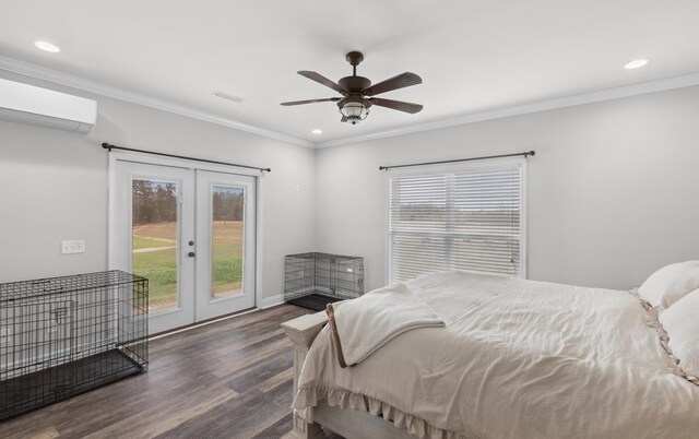 333 County Road 271, Clopton, AL 36317 - bedroom with a wall mounted air conditioner, french doors, access to outside, ceiling fan, and dark hardwood / wood-style floors