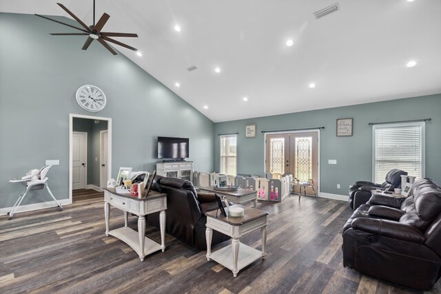 333 County Road 271, Clopton, AL 36317 - living room featuring ceiling fan, dark wood-type flooring, high vaulted ceiling, and french doors
