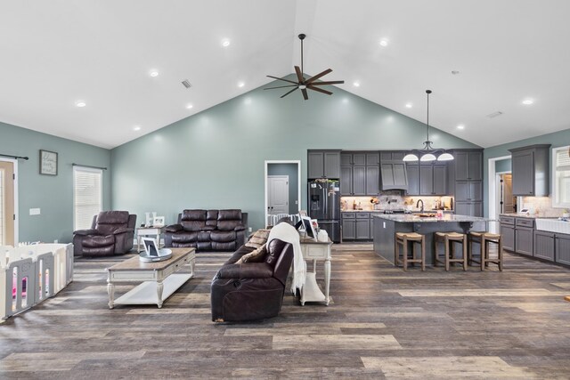 333 County Road 271, Clopton, AL 36317 - living room featuring ceiling fan, dark hardwood / wood-style flooring, and high vaulted ceiling