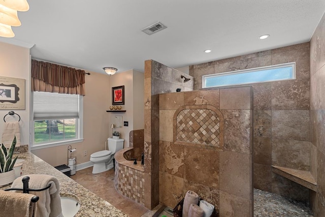 bathroom featuring tiled shower, a wealth of natural light, vanity, and toilet