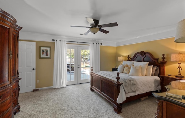 bedroom with access to exterior, ceiling fan, french doors, light carpet, and ornamental molding