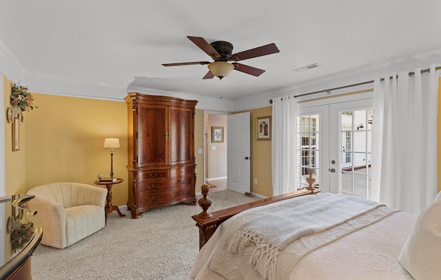 carpeted bedroom with access to exterior, ceiling fan, french doors, and ornamental molding