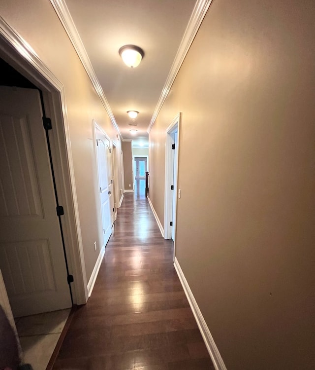 hall with dark wood-type flooring and ornamental molding