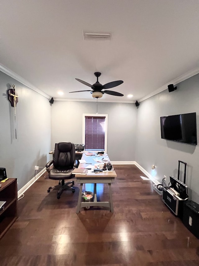 office space featuring ornamental molding, ceiling fan, and dark wood-type flooring