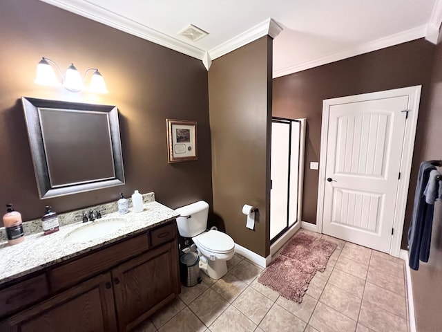 bathroom with tile patterned flooring, vanity, toilet, and crown molding