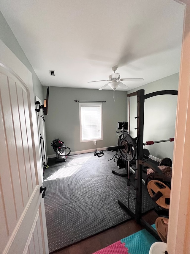 exercise area with ceiling fan