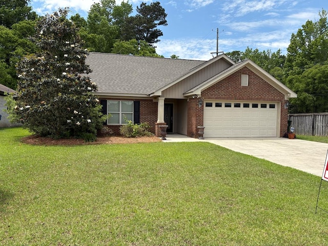 ranch-style house featuring an attached garage, concrete driveway, brick siding, and roof with shingles