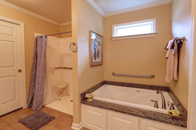 full bathroom featuring a shower with shower curtain, a garden tub, crown molding, and tile patterned flooring