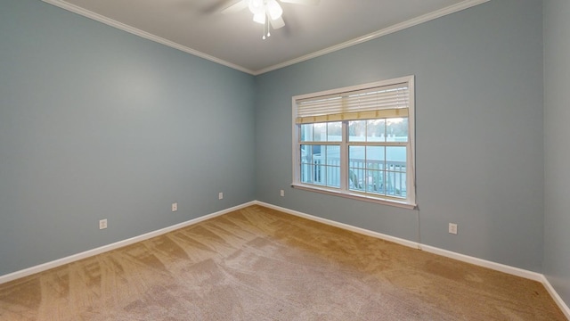 empty room featuring carpet flooring, crown molding, and ceiling fan