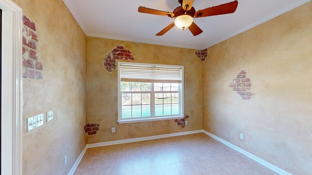 unfurnished room with ceiling fan and ornamental molding