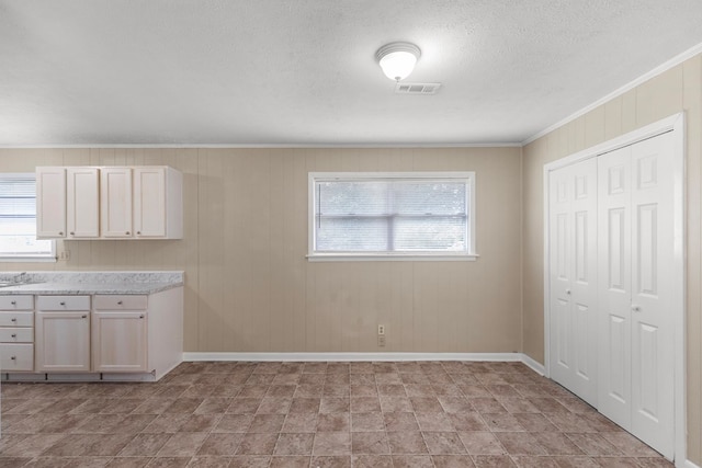 kitchen featuring crown molding, plenty of natural light, a textured ceiling, and white cabinets