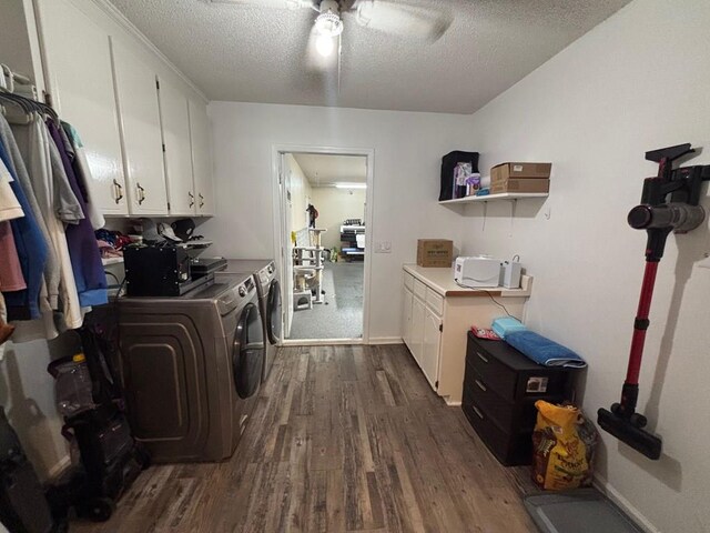112 Vixen Ct, Dothan, AL 36305 - laundry room featuring separate washer and dryer, cabinet space, dark wood-style flooring, a ceiling fan, and a textured ceiling
