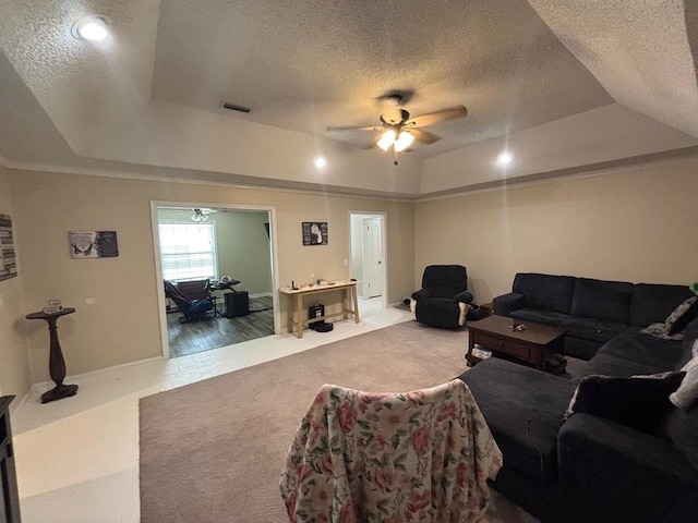 112 Vixen Ct, Dothan, AL 36305 - living area with a raised ceiling, a textured ceiling, ceiling fan, and carpet