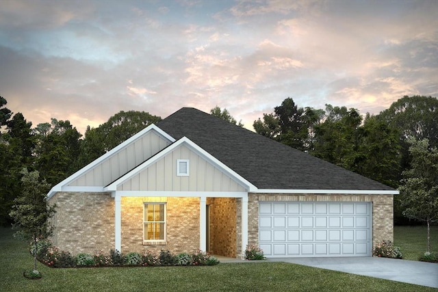 view of front of house featuring driveway, brick siding, board and batten siding, and roof with shingles