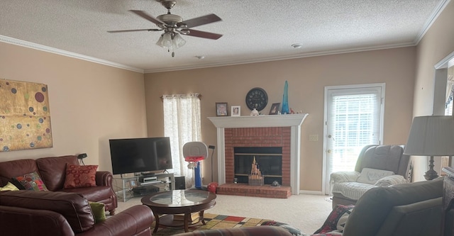 104 Wellston Ct, Dothan, AL 36305 - carpeted living room with a textured ceiling, plenty of natural light, a fireplace, ceiling fan, and crown molding