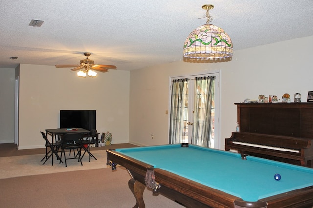 3374 Lake Oak Ridge Dr, Enterprise, AL 36330 - game room with carpet flooring, billiards table, a textured ceiling, ceiling fan, and baseboards