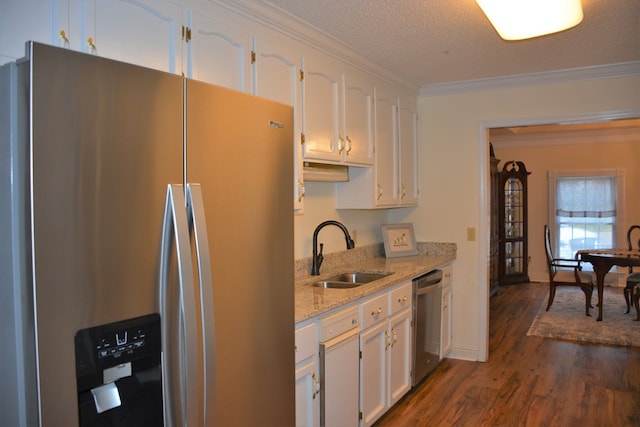 3374 Lake Oak Ridge Dr, Enterprise, AL 36330 - kitchen featuring stainless steel appliances, a sink, dark wood-type flooring, white cabinetry, and light stone countertops