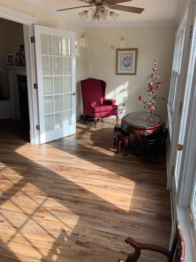 3374 Lake Oak Ridge Dr, Enterprise, AL 36330 - sitting room featuring wood finished floors, a ceiling fan, and ornamental molding