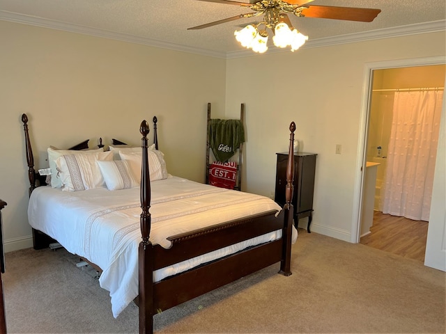 3374 Lake Oak Ridge Dr, Enterprise, AL 36330 - bedroom with light colored carpet, ornamental molding, a ceiling fan, a textured ceiling, and baseboards