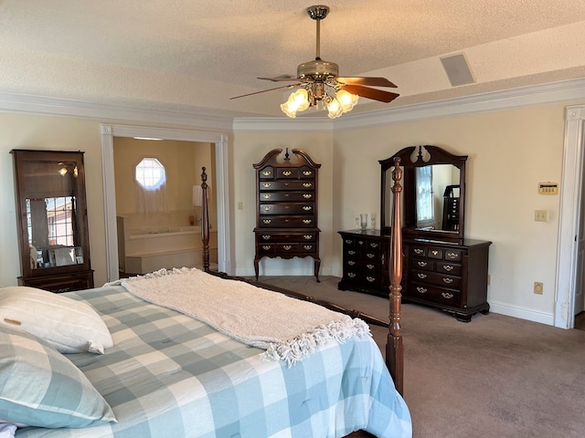 3374 Lake Oak Ridge Dr, Enterprise, AL 36330 - bedroom with a textured ceiling, carpet, ornamental molding, a ceiling fan, and baseboards