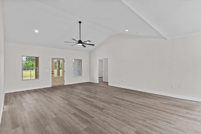 unfurnished living room featuring baseboards, a ceiling fan, wood finished floors, and recessed lighting