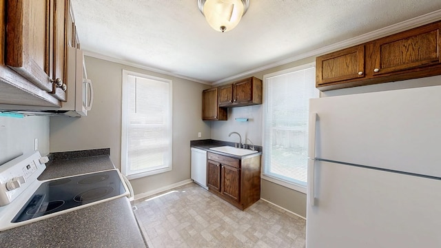 431 E Eufaula St, Ozark, AL 36360 - kitchen with white appliances, a sink, baseboards, crown molding, and brown cabinetry
