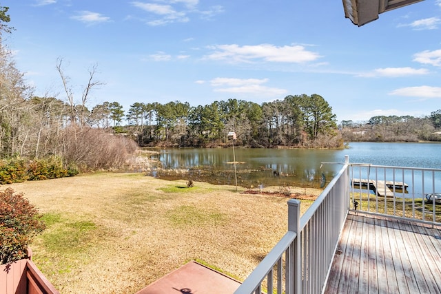 wooden deck featuring a water view and a yard