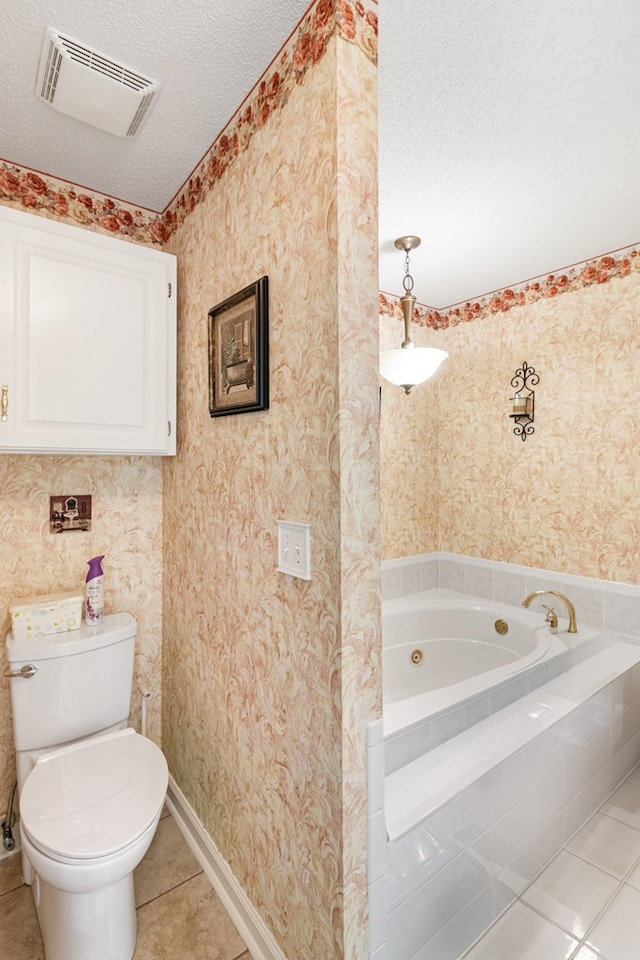 full bath with wallpapered walls, visible vents, a tub with jets, tile patterned flooring, and a textured ceiling