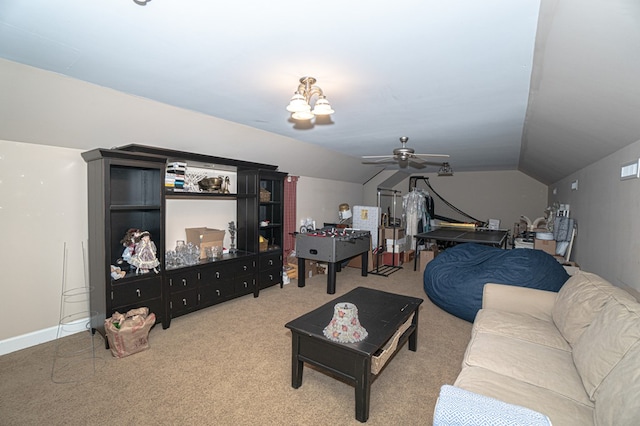 living room featuring light colored carpet, ceiling fan, and lofted ceiling