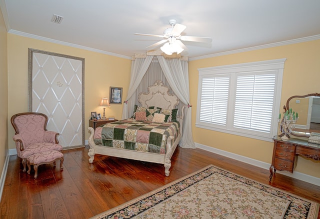 bedroom with wood-type flooring, ceiling fan, and crown molding