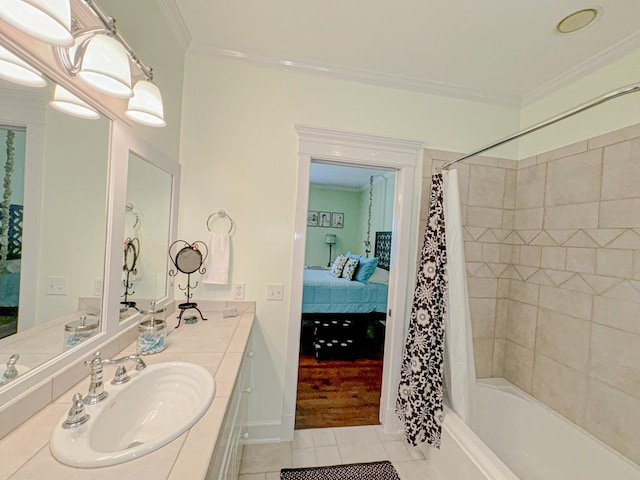 bathroom featuring shower / bath combination with curtain, vanity, tile patterned floors, and crown molding