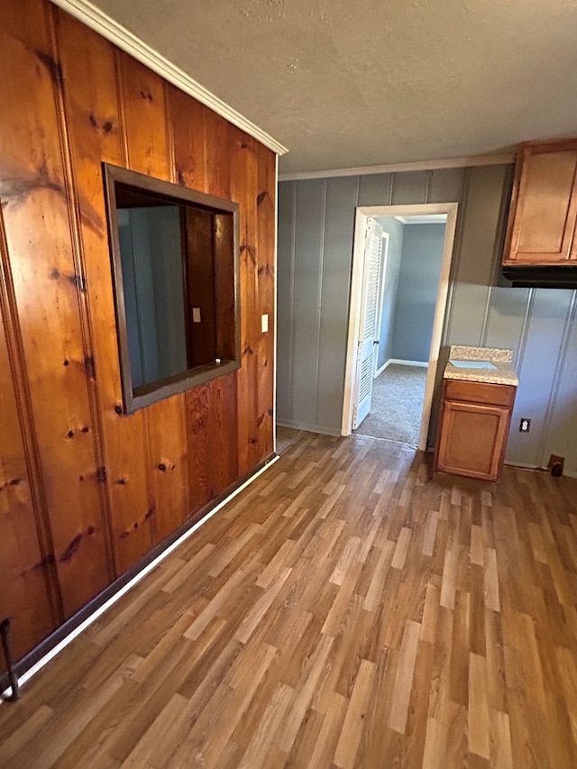 interior space with wood-type flooring, a textured ceiling, and crown molding