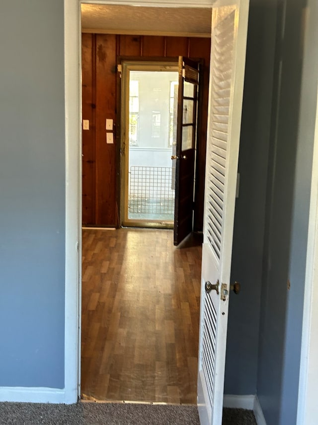 hall with wooden walls and hardwood / wood-style floors