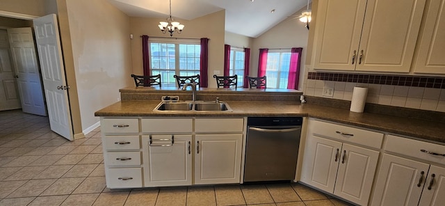 kitchen with sink, vaulted ceiling, backsplash, kitchen peninsula, and white cabinets