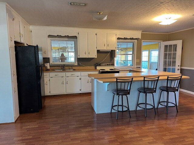 kitchen featuring white cabinetry, black fridge, dark hardwood / wood-style floors, and plenty of natural light