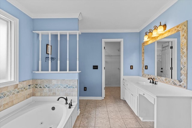105 Christen Ln, Dothan, AL 36305 - bathroom featuring crown molding, baseboards, tile patterned floors, vanity, and a jetted tub