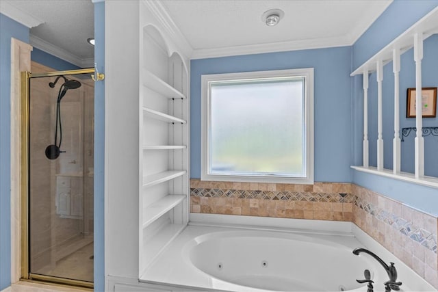 105 Christen Ln, Dothan, AL 36305 - bathroom with a shower stall, ornamental molding, a jetted tub, and a textured ceiling