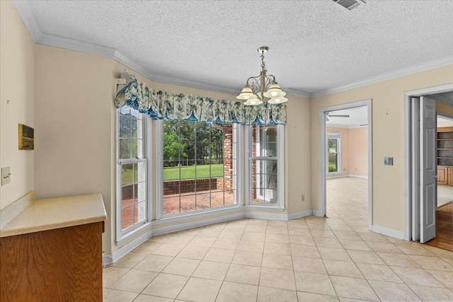 105 Christen Ln, Dothan, AL 36305 - unfurnished dining area with an inviting chandelier, light tile patterned floors, crown molding, and a textured ceiling