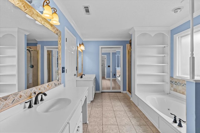 105 Christen Ln, Dothan, AL 36305 - bathroom featuring vanity, crown molding, a shower stall, tile patterned floors, and visible vents